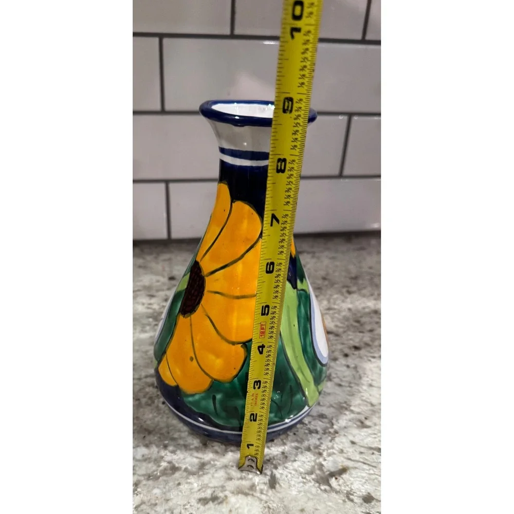 Mexican Talavera Hand Painted Sunflower Calla Lily Pottery Vase 9.5 Inch